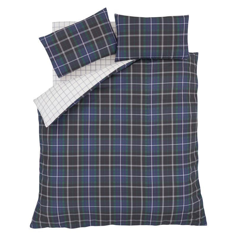 Brushed Cotton Tartan Check Duvet Cover Set, King Duvet Cover + 2 Pillowcases, Navy