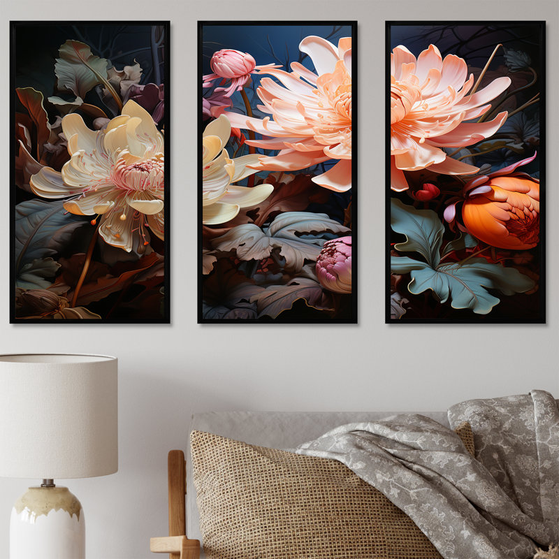 Pink And Beige Surreal Flora Botanical Splendor - Plants Canvas Wall Art Set, 40" H x 60" W x 1" D, Black Floater Framed