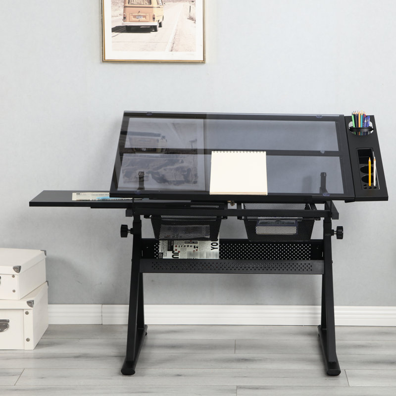 Table de dessin avec plateau en verre réglable de 0 à 75 po, bureau en acier noir à hauteur, rangement pour outils artistiques, table de jeu innovante et novatrice 75, matériaux, projets créatifs