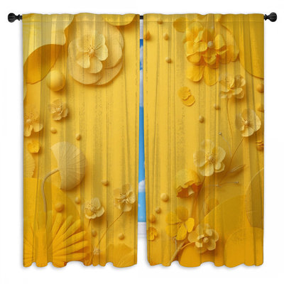 Rideaux de fenêtre à fleurs jaunes et voilage floral - 2 panneaux