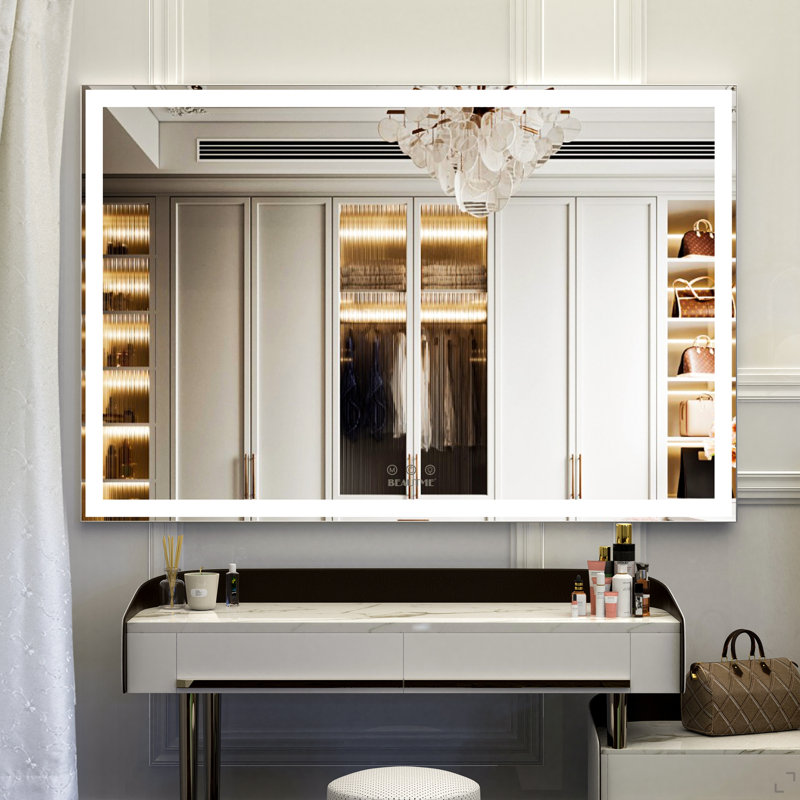Très grand miroir de meuble-lavabo mural de 48 po x 32 po à DEL avec cadre blanc / chaud / naturel réglable
