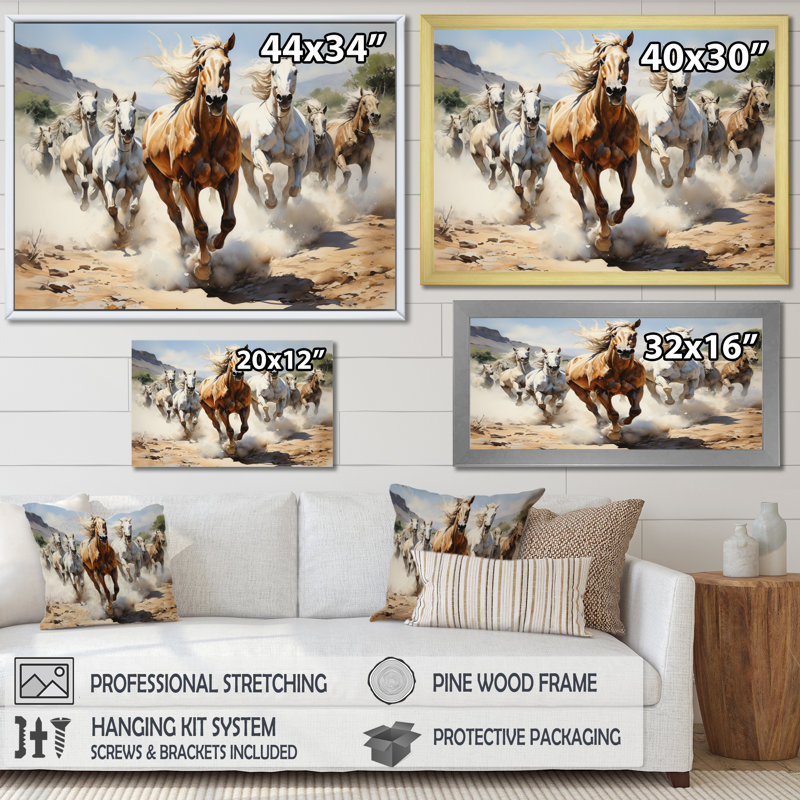 Cowboy Wild Mustangs Cowboys - Cowboys Canvas Art Print, Cadre doré à une seule photo, H 24 po x l 32 po x P 1 po