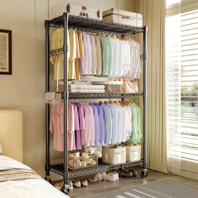 Clothes Rack, Free Standing Garment Rack for Hang Clothes, Adjustable Clothing Closet with 4 Sturdy Rods & 7 Storage Shelves, Portable Wardrobe Racks