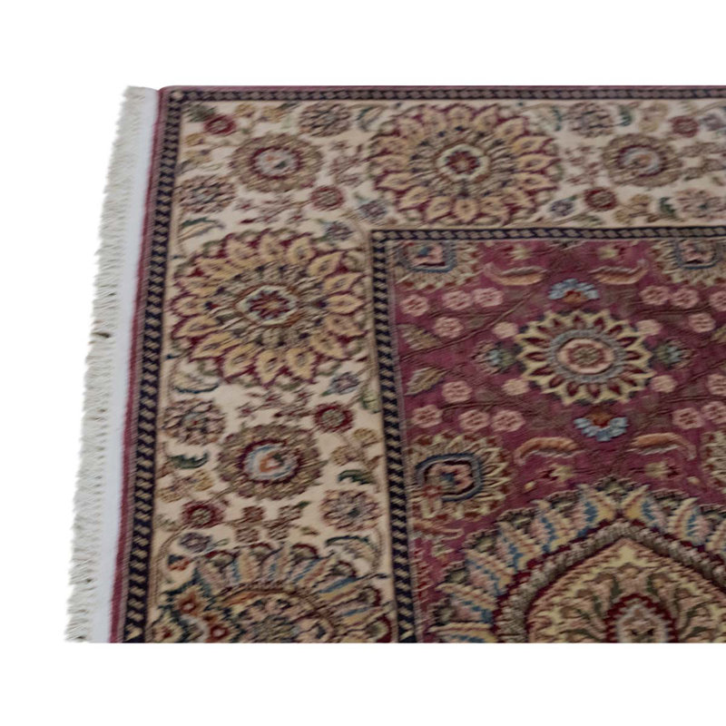 Tapis unique rose / ivoire / brun noué à la main de haute qualité