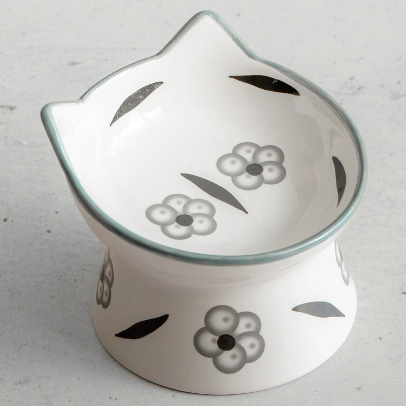 Dexypaws: Elevated Ceramic Cat Bowl - Floral - 7oz, Pet Feeding Dish, Meals, Food & Water, Ergonomic Height, Stylish-Shallow-Raised