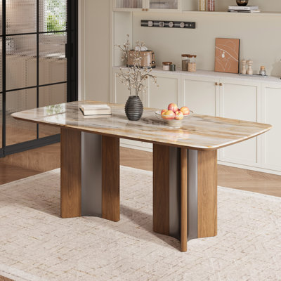 63" Modern Luxury Sintered Stone Dining Table with Walnut Finish Pedestal Base, Rectangular Kitchen & Dining Table for 4-6 People