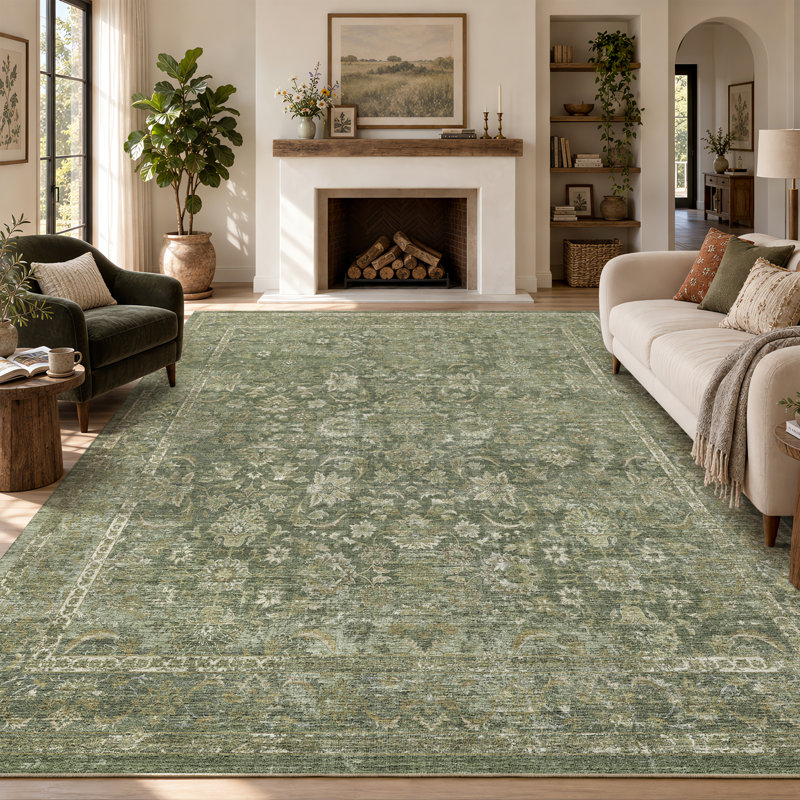 Soft Non-Slip Washable Vintage Floral Area Rug Sage Green , Green, Rectangle 8' x 10'