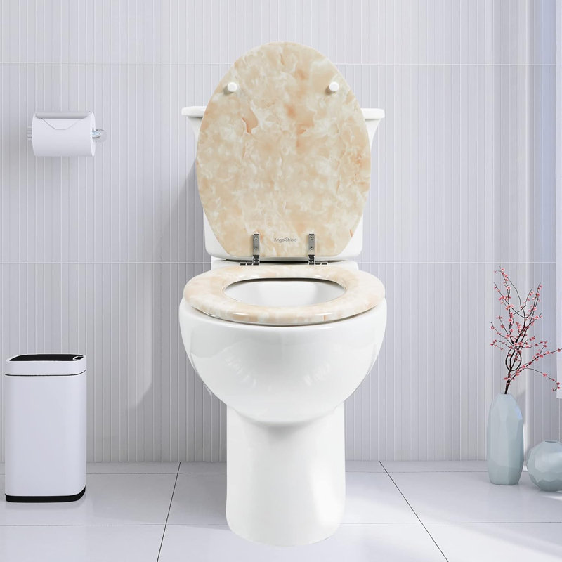 Elongated Marble Toilet Seat with Quick Install Hinges, Beige Pink