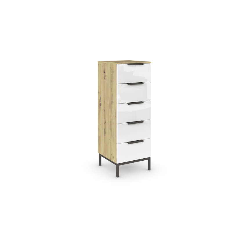 Flipp 5 - Drawer Chest of Drawers, Artisan Oak/White Glass/Graphite
