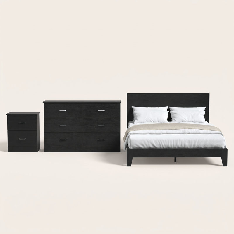 Ensemble de chambre à coucher moderne 3 pièces Allyannah, Chêne noir, Grand