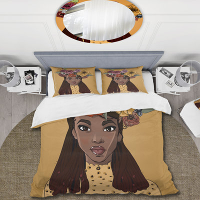 Portrait Of African American Woman, Flower Wreath - Modern Duvet Cover Set - Microfiber Polyester