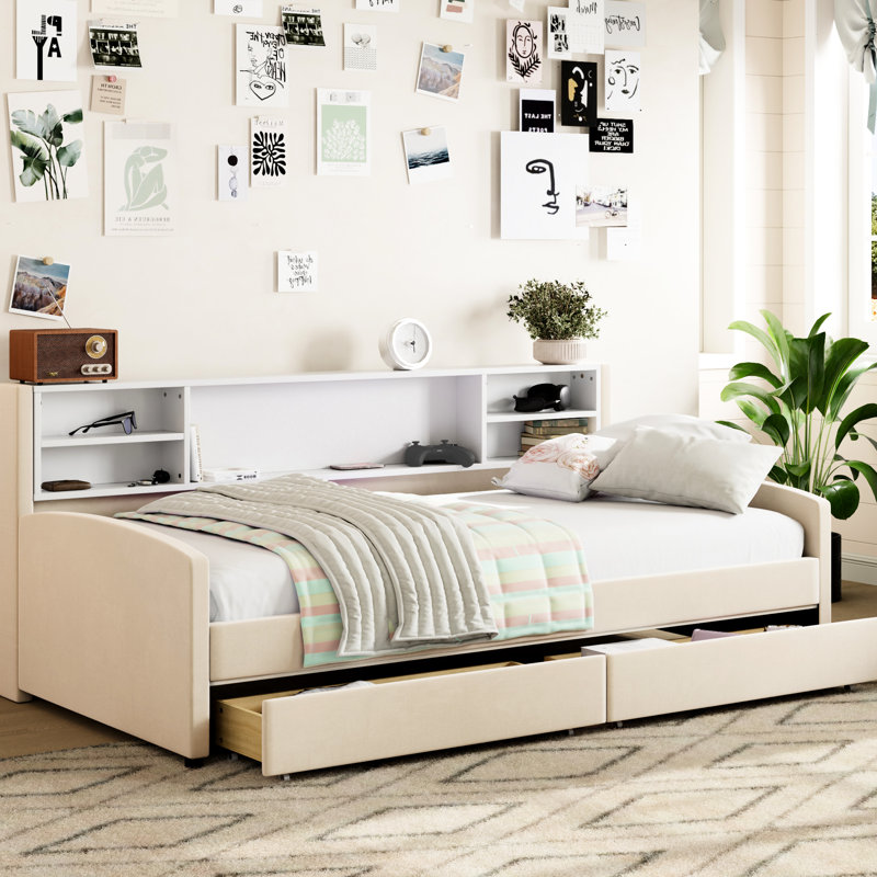 Lit de rangement simple tapissier beige - Intérieur spacieux, plateforme de taille construction avec tissu en velours doux, tête de lit confortable, tiroirs pour literie et vêtements supplémentaires