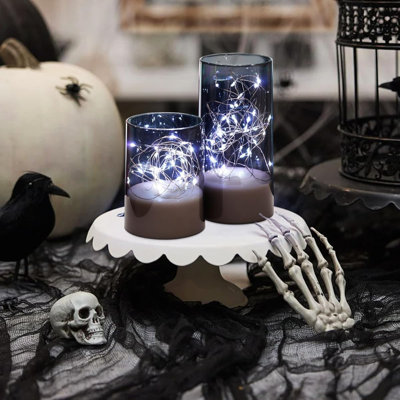 Flickering Flameless Candles With Remote, Embedded String Lights In Acylinder Vase, Battery Operated Fake Candles, Gray Led Candles With Timer For Home Decor, 8 Mode Lights, Set Of 3