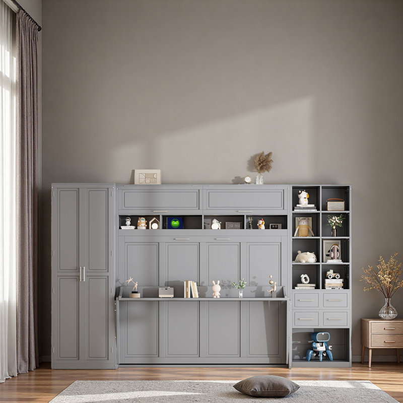Grand lit escamotable mural avec placard, tiroirs et tablettes