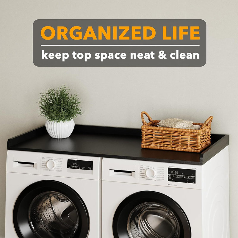 Washer Dryer Countertop With Edge, 54" X 27.5" Laundry Wood Shelf Topper Organizer For Hamper And Storage (black)