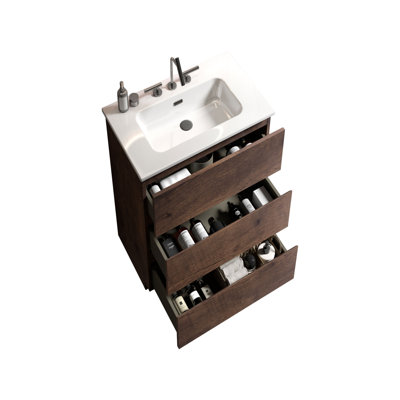 Meuble-lavabo Ellexis en noyer de 24 po avec lavabo, trois trous de robinet, grand rangement autoportant, pré-assemblé, design moderne