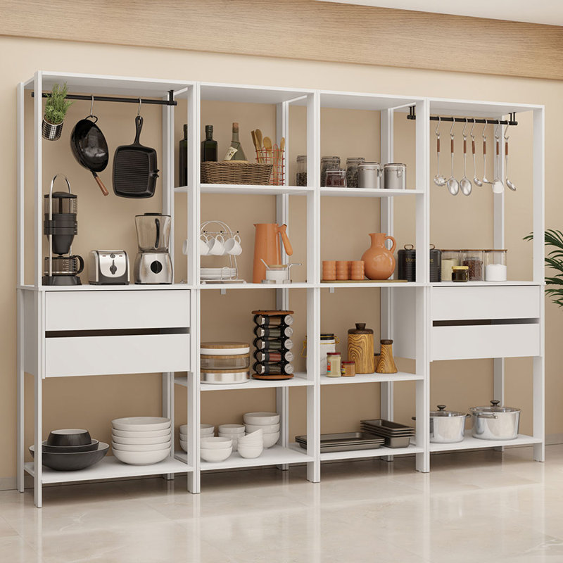  Étagère de rangement pour garde-manger avec 4 tiroirs, tablettes ouvertes et espaces suspendus, Blanc