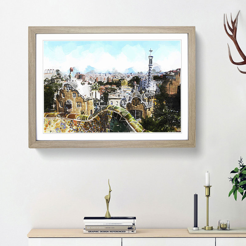 Parc Guell Gaudi in Barcelona Spain in Abstract - Picture Frame Graphic Art Print, 48cm H x 65cm W x 2cm D, Oak Framed