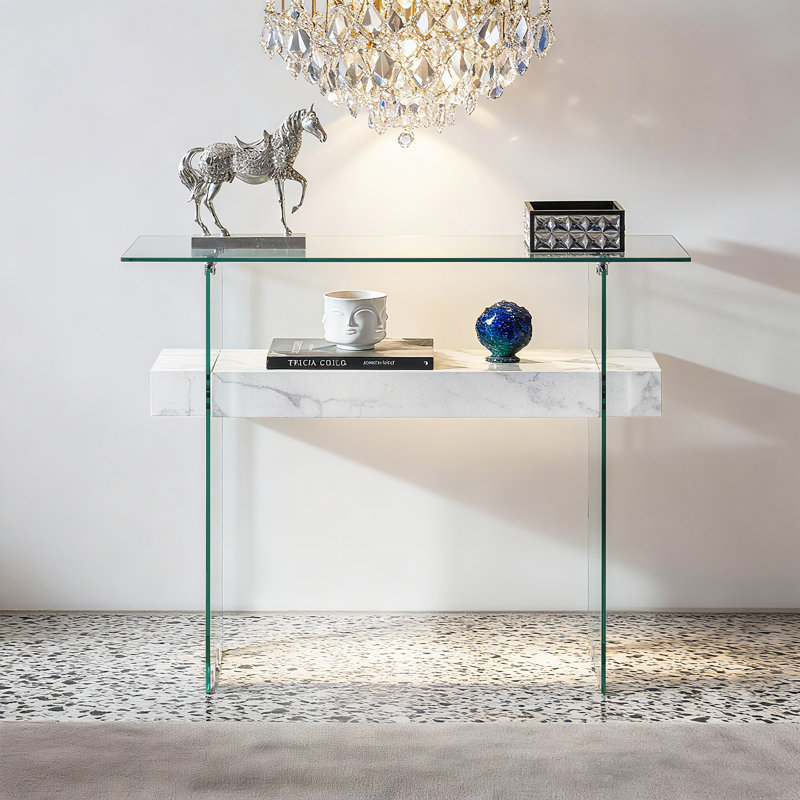 Console en verre trempé avec tablette, Marbre blanc, H 31,5 po x l 39,4 po x P 13,8 po
