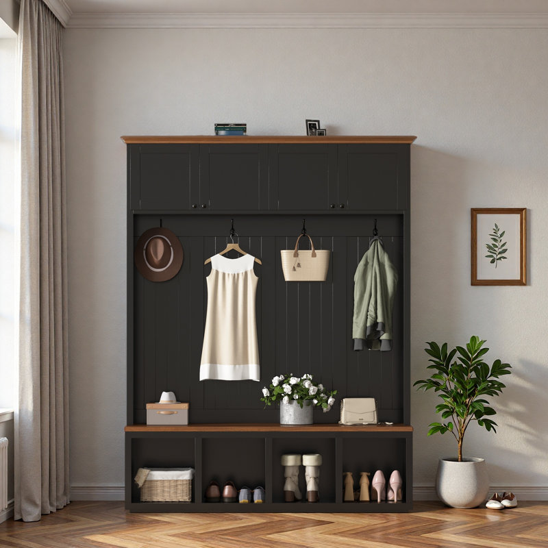 59''W Entryway Hall Tree with Bench and Storage, Farmhouse Wood-grain Accent 4-in-1 Hall Tree with Cabinets, Black