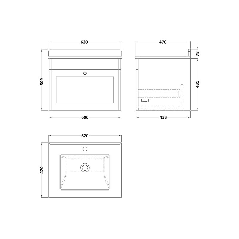 Classique 620mm Single Bathroom Vanity with Drop In Vitreous China Basin, Satin Anthracite
