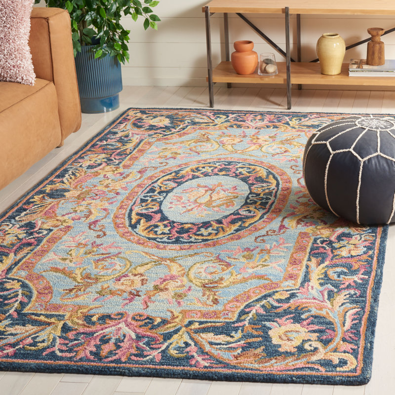 Savonnerie Hand Tufted Wool/Cotton Oriental Rug in Yellow/Orange/Blue, Rectangle 8" x 10"