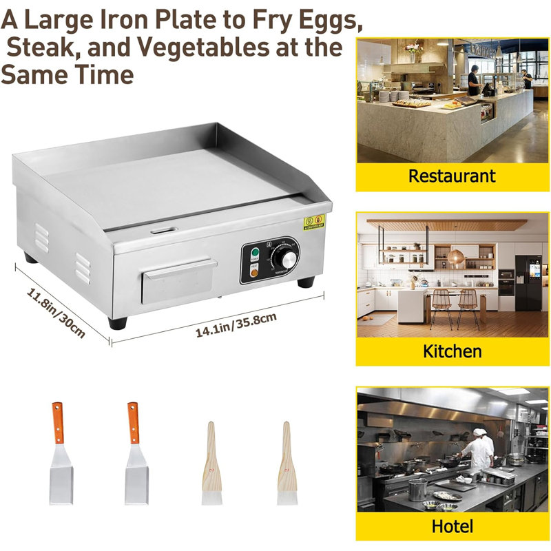 Plaque chauffante électrique de comptoir de 14 po, plaque de cuisson en acier inoxydable, surface antiadhésive, 1 600 W / 110 V, température réglable de 122 ° F à 572 ° F, utilisation dans une cuisine commerciale