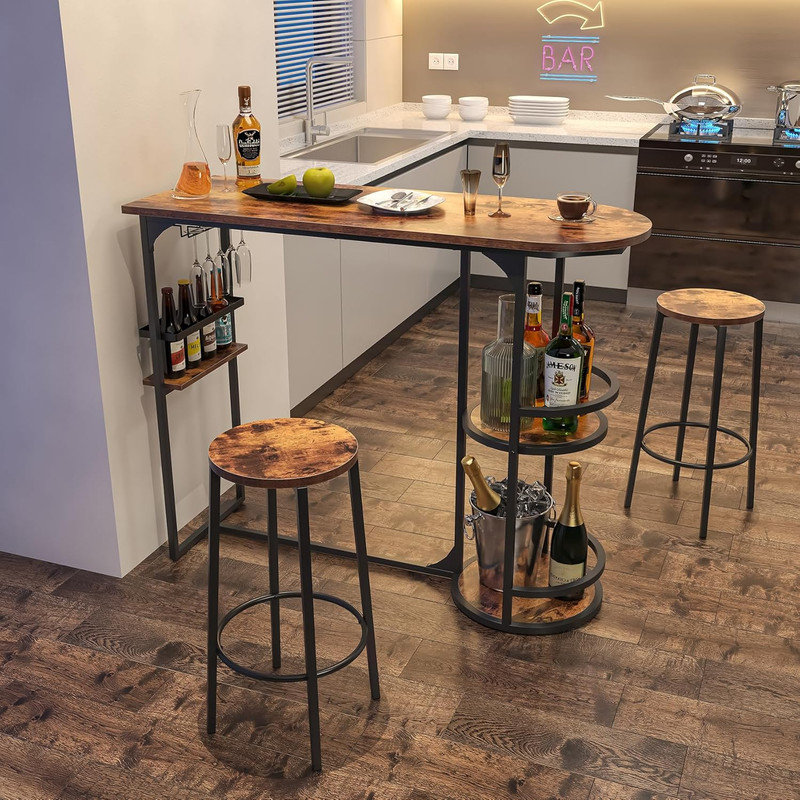 Bar Table Set for 2,Dining Table with 2 Stools and Storage Racks,Brown