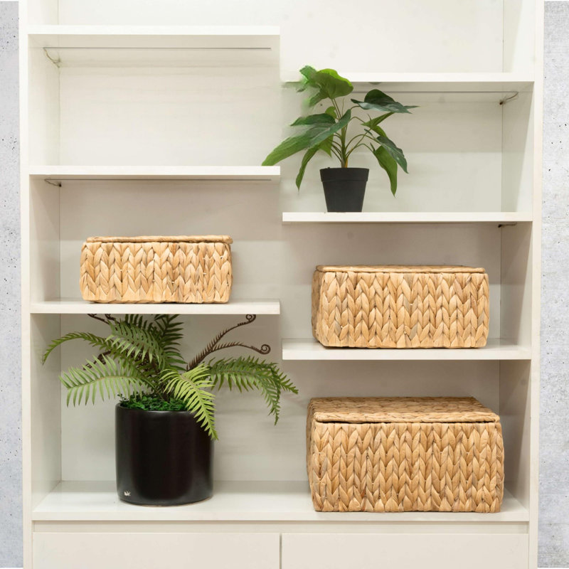 Rustic Rectangular Wicker Storage Basket Set With Lids