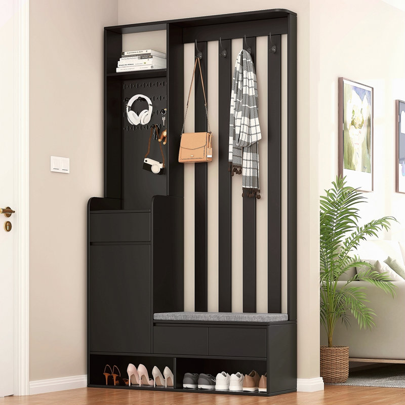 Contemporain l 39,3 po x H 70,8 po avec banc de rangement rembourré, armoire à chaussures multifonctionnelle avec panneau perforé, portemanteau moderne avec 4 crochets pour le vestibule, vestibule