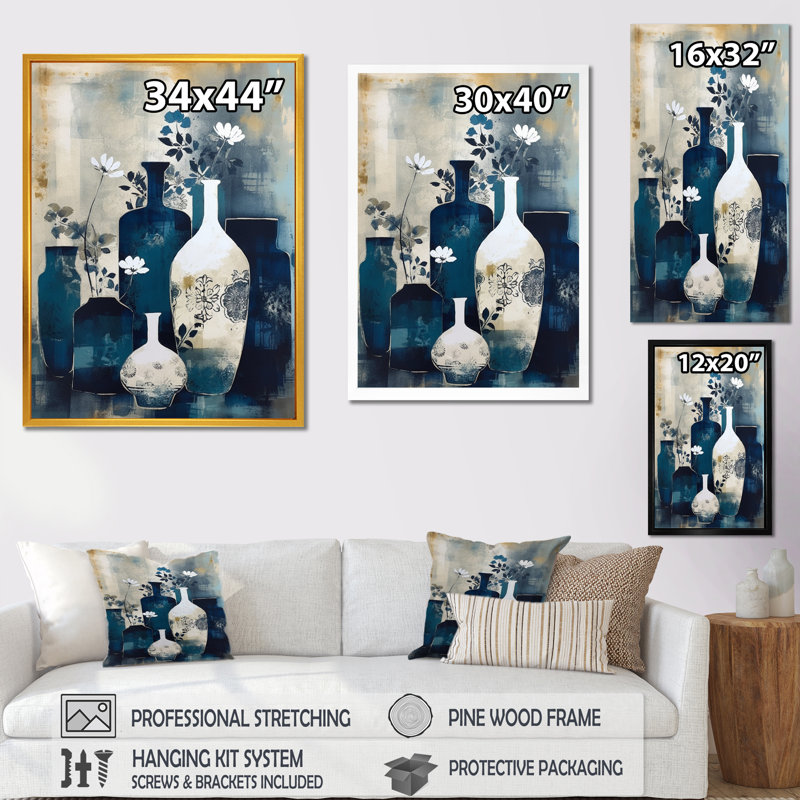 Art mural bleu et crème fantaisiste en argile II - Boho Pottery, H 32 po x l 16 po, Cadre flottant noir