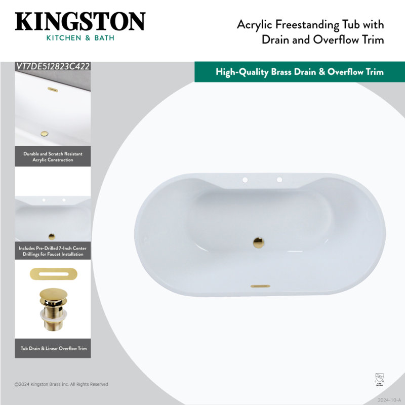 Glossy White Acrylic Freestanding Oval Bathtub with Matte Black Drain