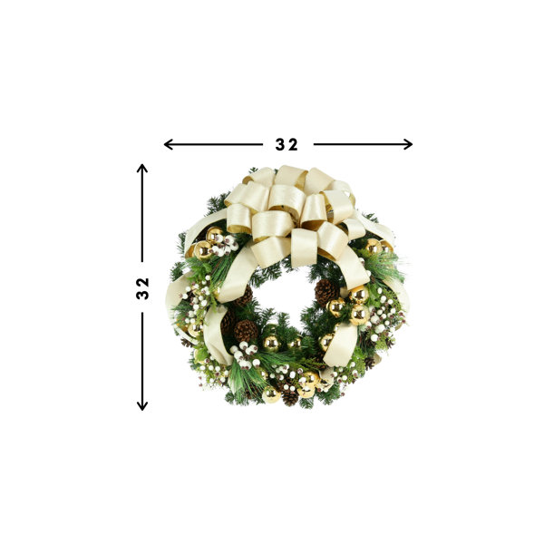 The Holiday Aisle® Jolett Cream Ribbon Wreath with Ornaments