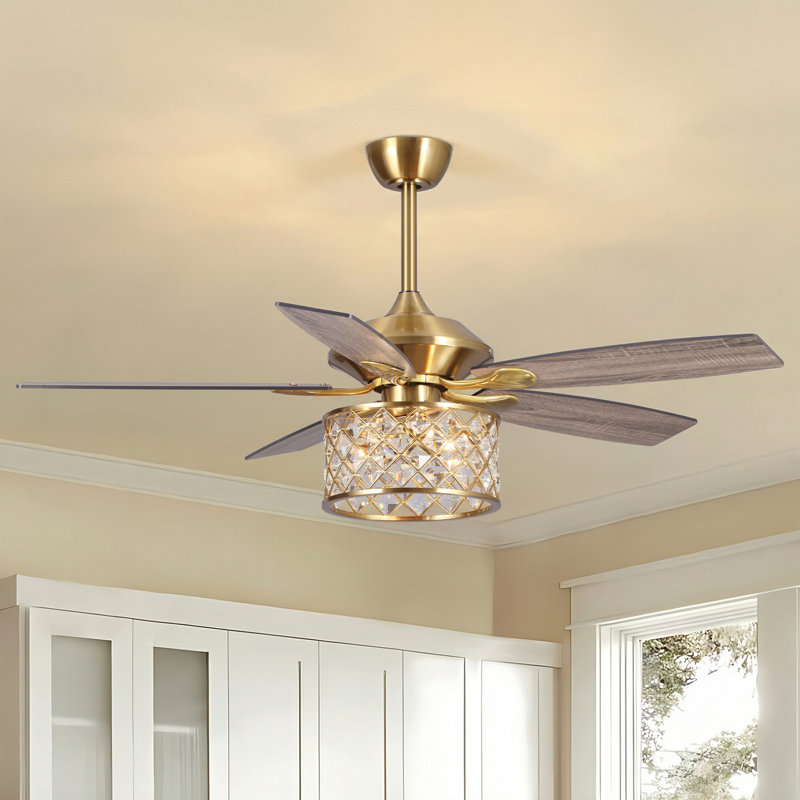 52'' Modern Crystal Caged Ceiling Fan with Light Kits and Remote Control, 3 Speeds Reversible AC Motor, Timer, 4"/10" Downrods