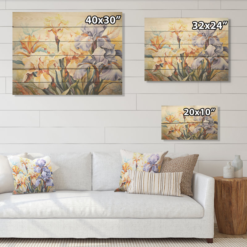 Beige An Blue Minimalism Irises Serenity Blooms - Irises Wood Wall Art On Natural Pine Wood, 10" H x 20" W