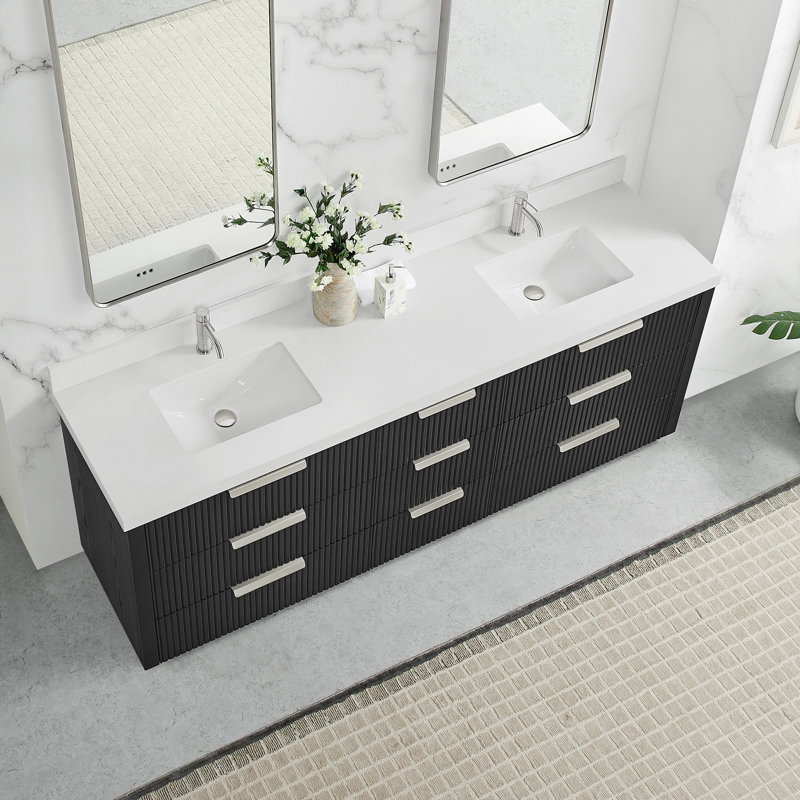 Allister 84" Free-standing Double Bath Vanity in Oak Weathered Black with White Quartz Stone Top, 84"