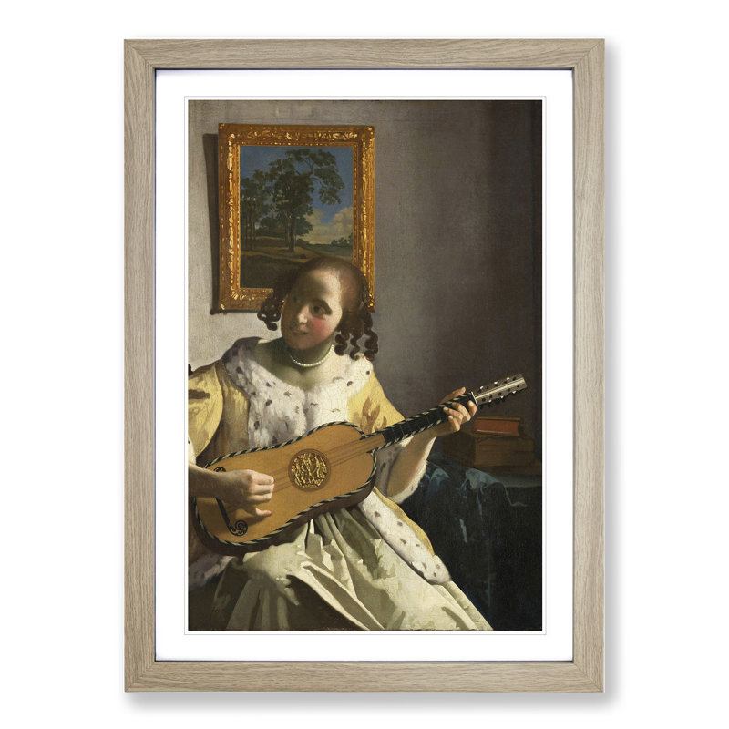 Girl Playing Instrument by Johannes Vermeer - Picture Frame Painting, Oak Framed, 48cm H x 36cm W x 2cm D
