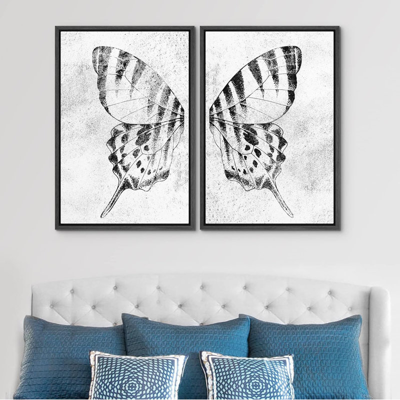 Noir et blanc papillon monarque aile insecte nature sauvage art moderne rustique relax apaisant 2 pièces, Noir