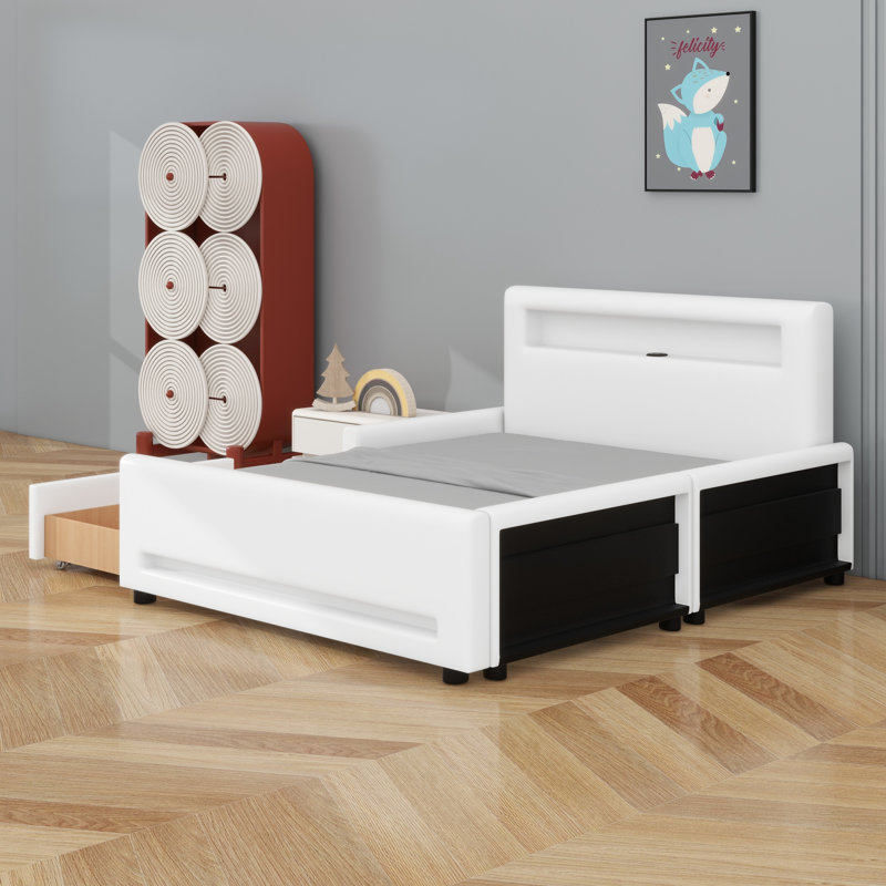 Lit plateforme tapissier à DEL avec tiroir de rangement et chargement USB, Blanc