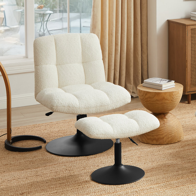 Upholstered Tufted Swivel Accent Chair With Ottoman, Height Adjustable Lounge Chair, Beige Terry Cloth