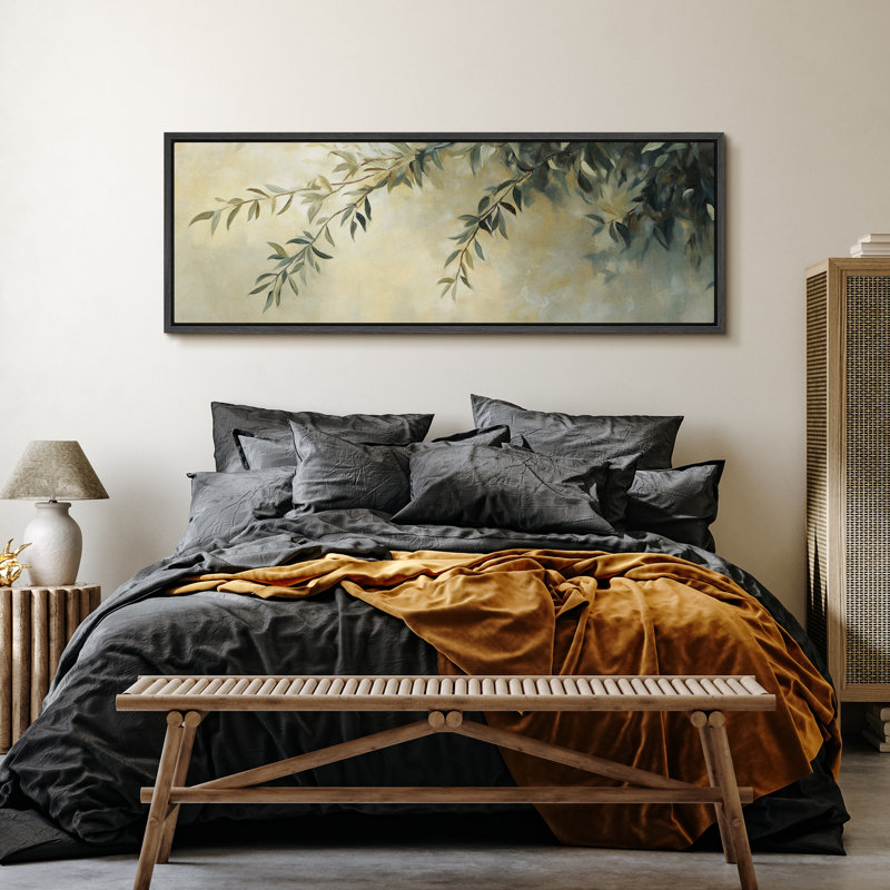 Hanging Olive Branch Leaves Large Framed Canvas Print Wall Art for Mediterranean Decor, 20" H x 60" W, Black