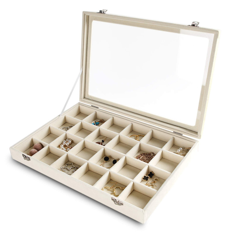 Jewellery Organizer Tray With Clear Lid 24 Grid Velvet Drawer Insert Jewellery Storage Box With Transparent Glass Lid Jewellery Display Case With Lock(Beige, 24 Grid)
