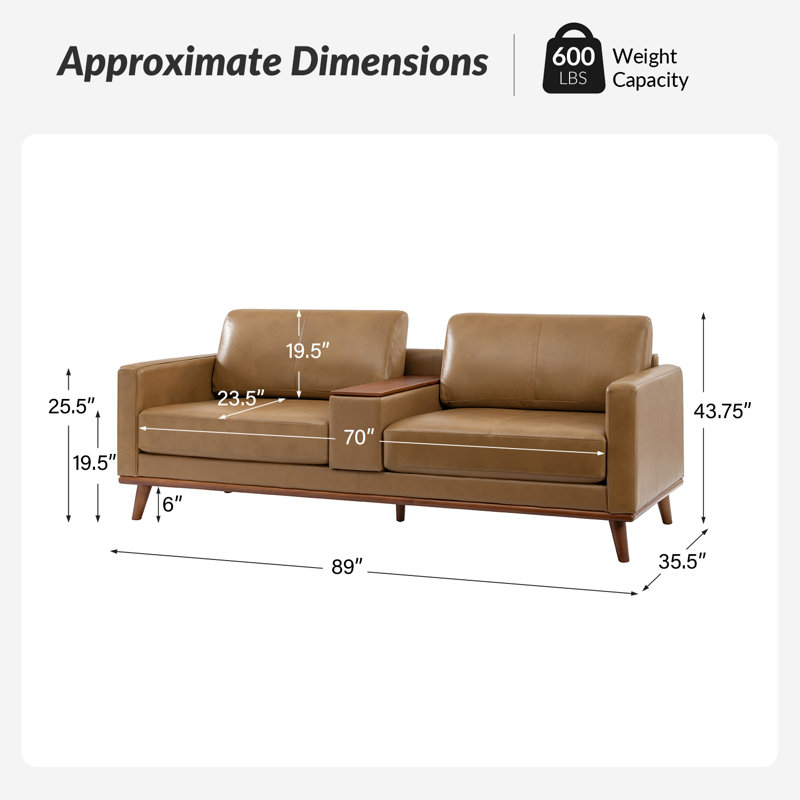 Canapé en cuir fleur de style moderne Mid-Century de 89 po avec boîte de rangement multifonctionnelle Plina, Chameau