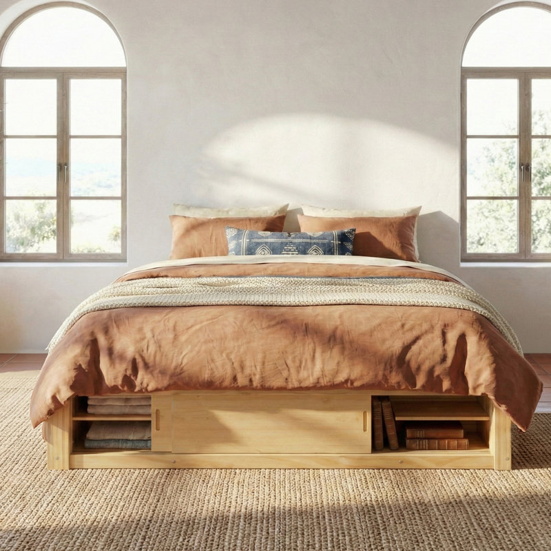 Grand lit plateforme avec 4 tiroirs de rangement et pied de lit, Naturel