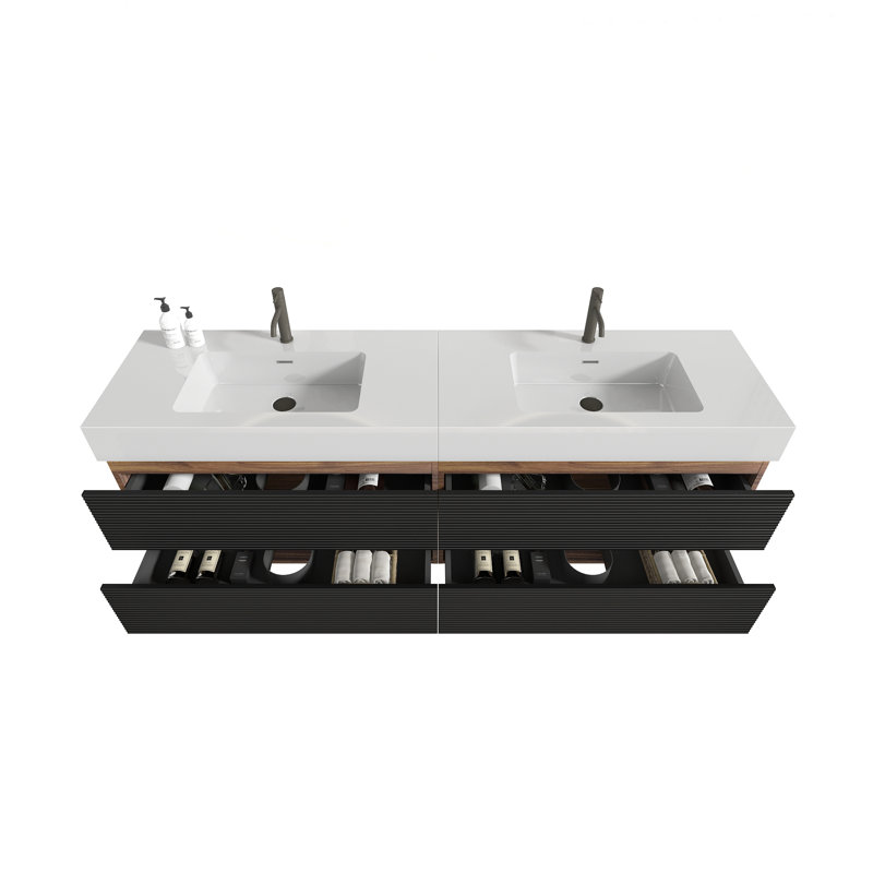 Meuble-lavabo 72 po (36 po * 2) avec lavabo à quartz d'ingénierie et tiroirs souples, meuble-lavabo mural flottant, lavabo une pièce, KD