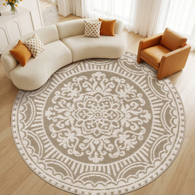 6' Round Medallion Stain-Resistant Beige Area Rug