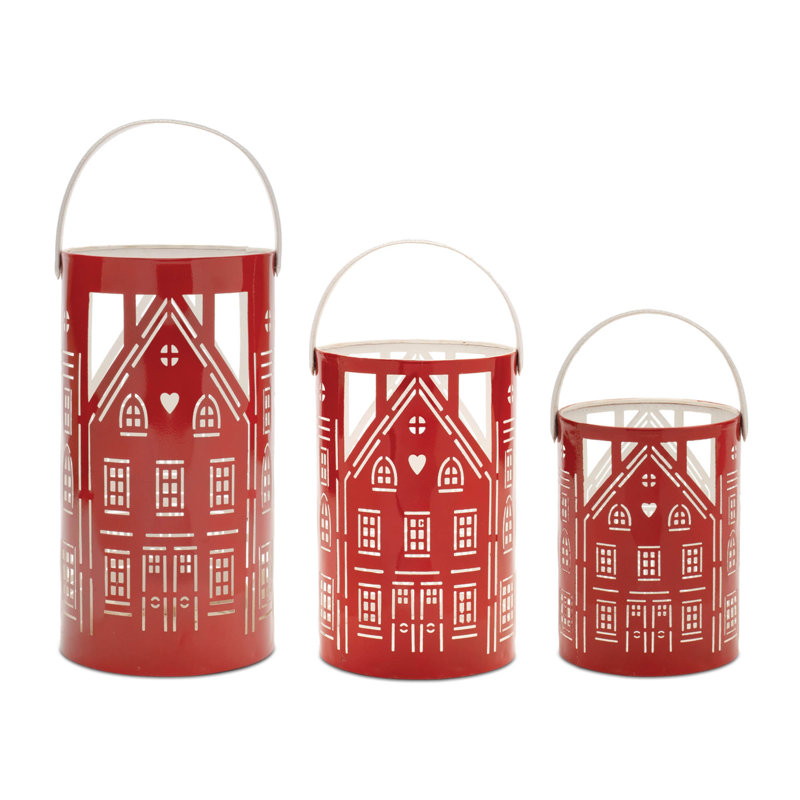 Punched Metal House Lantern, 6.5" H x 5" W x 5" D, Red