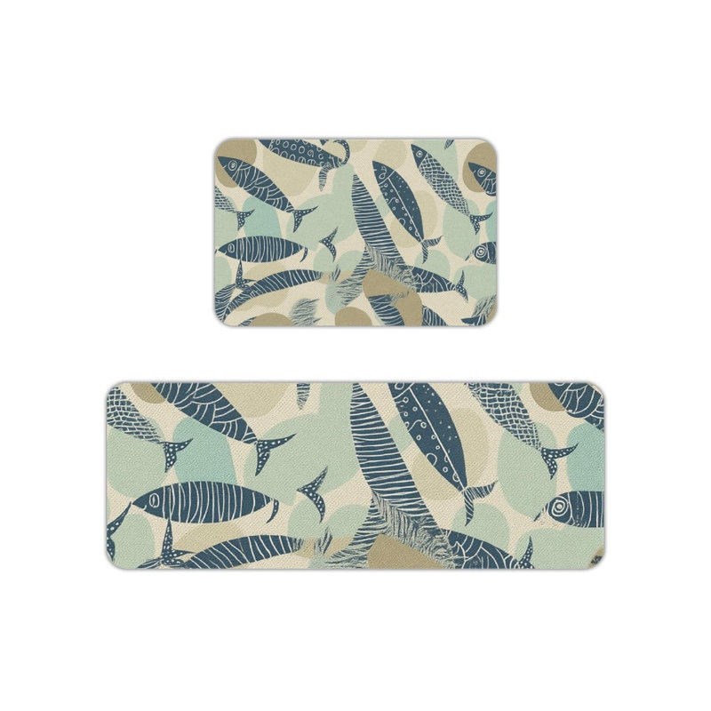 Tapis de cuisine Blue Beige Fish, ensemble de 2, pour cuisine et salle de bain