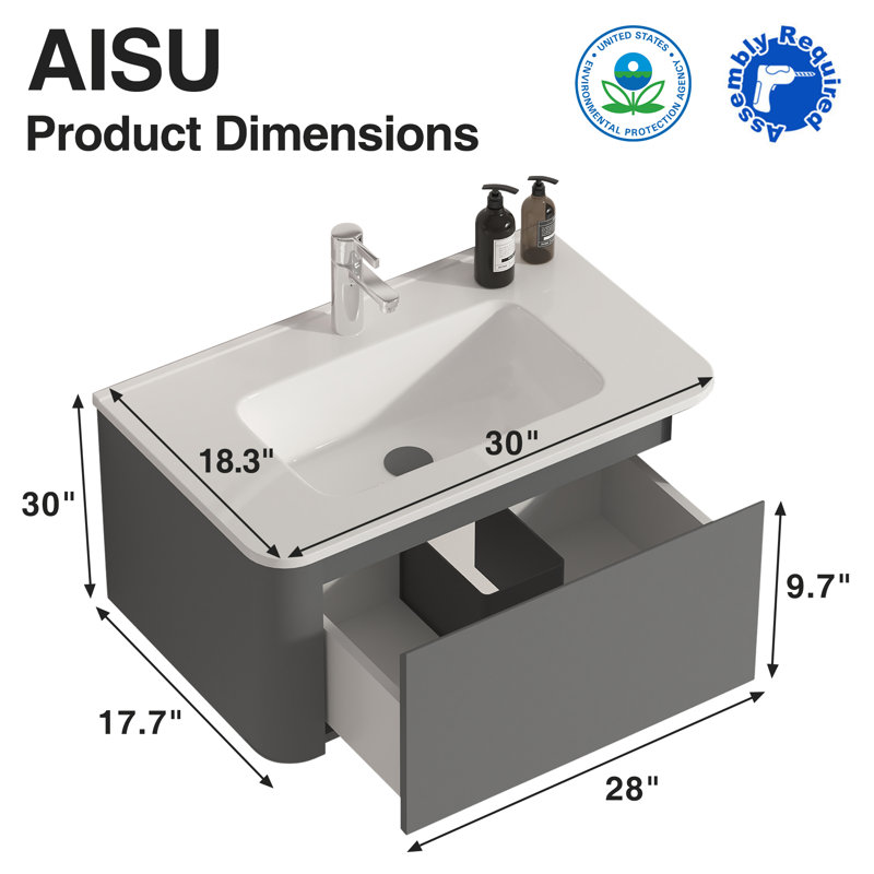 24” Single Wall-Mounted Bathroom Vanity With Ceramic Top, Floating Cabinet with Soft-Close Drawer, Gray