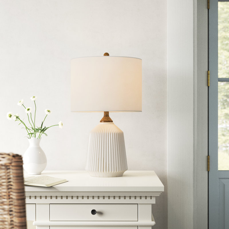 White Ceramic Table Lamp with Linen Drum Shade